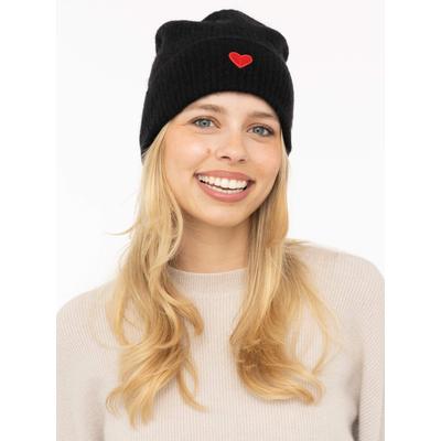 Strickmütze ZWILLINGSHERZ "100% Kaschmir "Herz", Damen, schwarz, Obermaterial: 100% Kaschmir, Mützen Strickmütze, liebevolles Herzpatch, feine Rippenstruktur, mit Umschlag