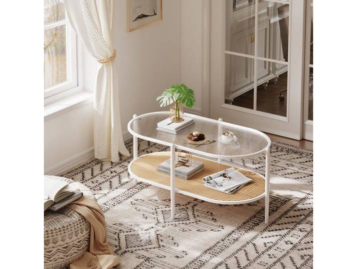 Table basse ovale - LUNSY - Verre cannelé - Rotin naturel - 95x50x46 cm - Blanc - Deux étagères