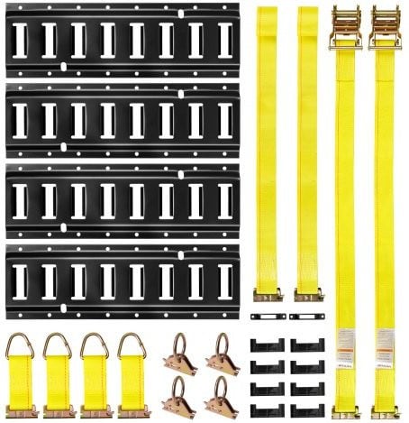 VEVOR E-Track bevestigingsrailset 4-pack met 21-delige accessoireset en 2 ratelriemen voor garages, auto's en aanhangwagens