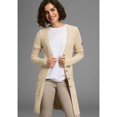 Longstrickjacke KANGAROOS, Damen, Gr. 40/42, beige (wollweiß, beige), Strick, Obermaterial: 50% Baumwolle, 50% Polyacryl, Zopfmuster, meliert, figurbetont Po-bedeckend, V-Ausschnitt, Rippbündchen, Strickjacken Longstrickjacke, mit Knöpfen,...