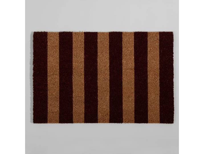 Fußmatte aus Kokosfaser mit aufgedruckten bordeauxroten und beigen Streifen, 40 x 60 cm