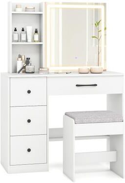 Costway Vanity Desk with Sliding Mirror and Lights Makeup Table and Chair Set with 4 Drawers-White