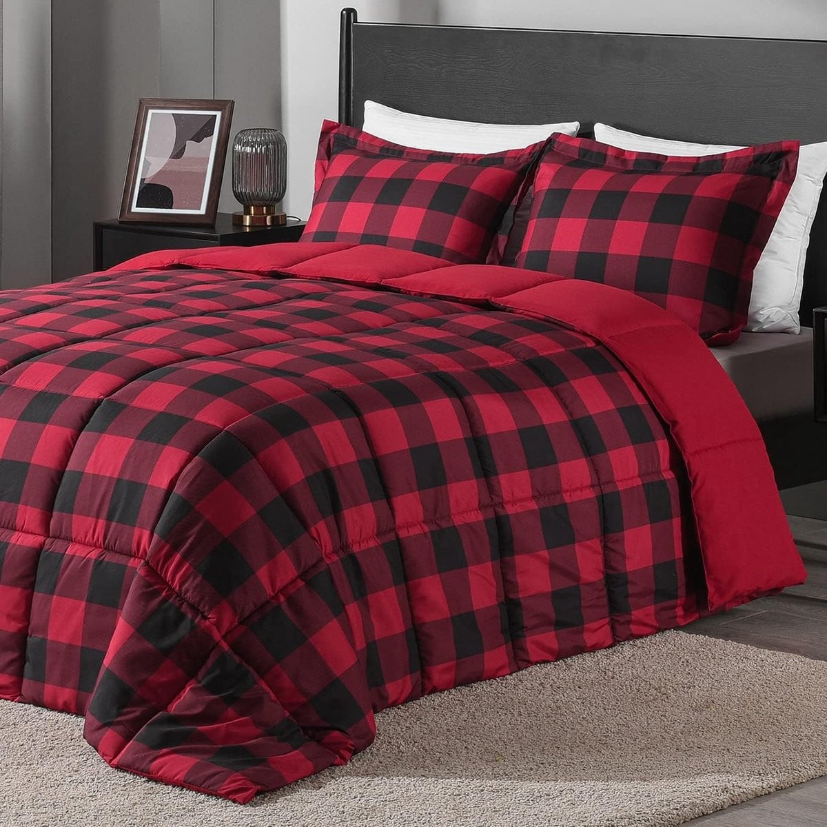 Geruite Kingsize Dekbedset met Kussenslopen - Rood Zwart - Omkeerbaar Ontwerp