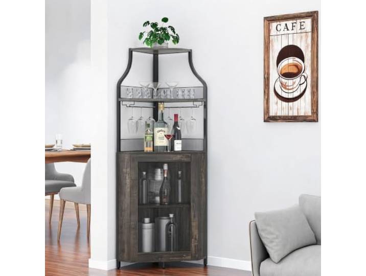 FairyLee Eck-Weinbar mit abnehmbarem Weinregal Glashalter Gittertür platzsparendes Bar Möbel