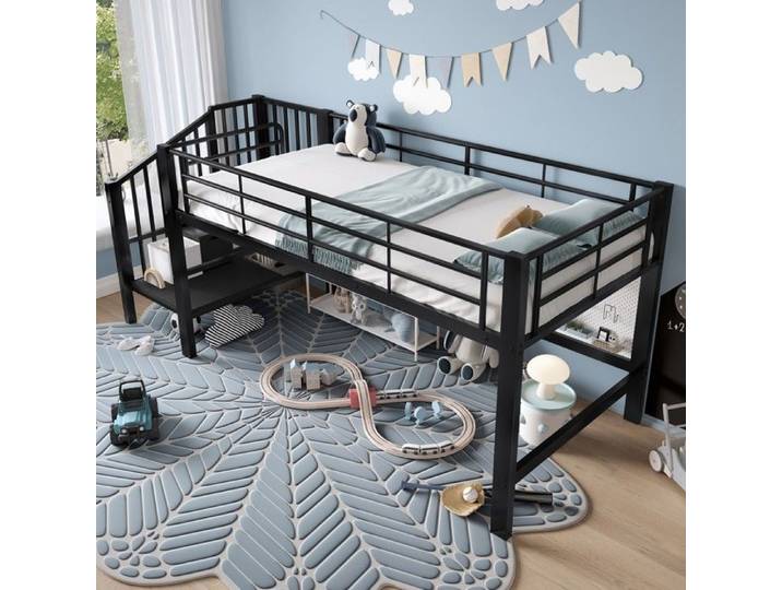 Lit mezzanine simple 90x200 cm noir avec rangement structure en métal robuste