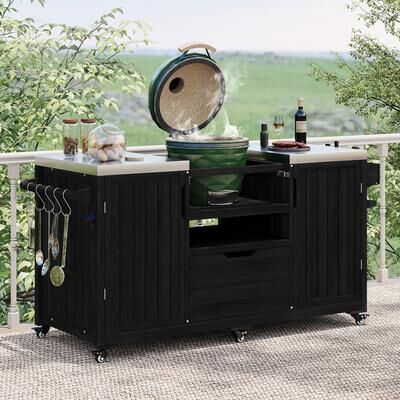 Ostweer Modern Outdoor Kitchen Island Grill Cart with Drawer, Rolling Island Table Serving Cart with Spice Rack