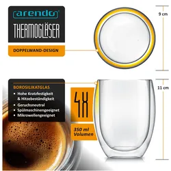 Arendo, Tasse, 4x Thermogläser doppelwandig, 350 ml, Glas/Tasse ohne Henkel, Borosilikatglas, für Heissgetränke (350 ml, 4x)