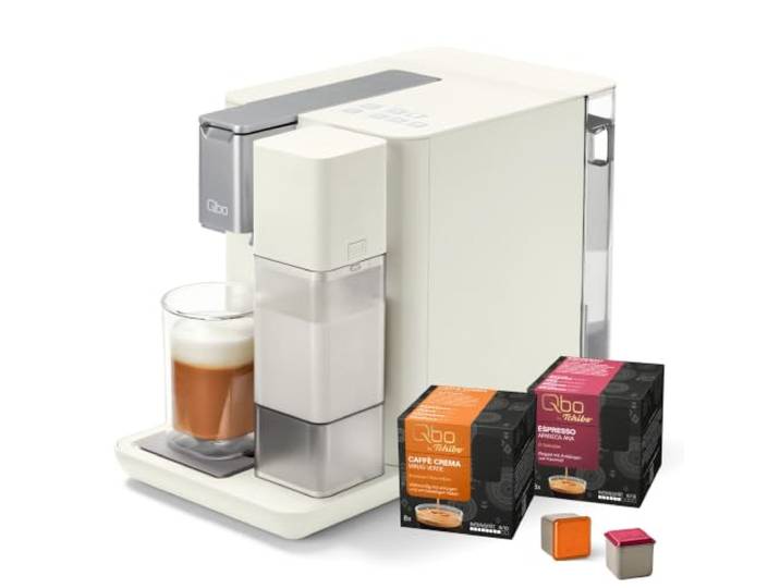 Tchibo Qbo Kapselmaschine, MILK MASTER, White Cashmere, inkl. 16 Kapseln Premium Kapselmaschine für Milchspezialitäten, Espresso, Caffè Crema und Caffè Grande, PressBrew Technologie