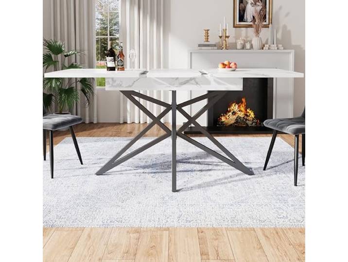 Merax Ausziehbarer Esstisch Esszimmertisch 120–160×80 cm, Küchentisch & Frühstückstisch, Tischplatte Marmorimitat, Sternförmige Schwarze Eisenbeine