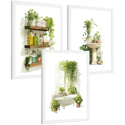POSTER 3er-Set dekorative Badezimmerbilder, Wanddeko, im botanischen Stil, für Toilette, grüne Pflanzen Weißer Rahmen A4