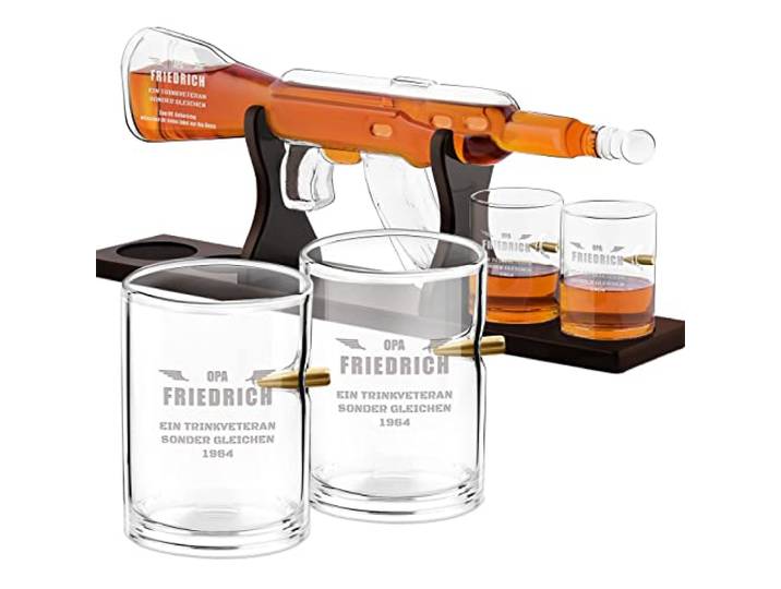 Maverton Whisky Dekanter mit Gravur 800 ml + 4er Whiskygläser Set Personalisiertes Whiskey Dekanter Set für Whisky Genießer, Whiskey Karaffe für Männer, Trinkveteran