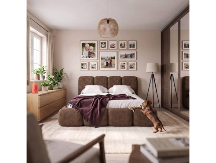 Muffo Polsterbett mit Bettkasten 140x200 Braun Doppelbett, Stauraum, Metalllattenrost, Hebemechanismus, gepolstertes Kopfteil, Lumo, ohne Matratze