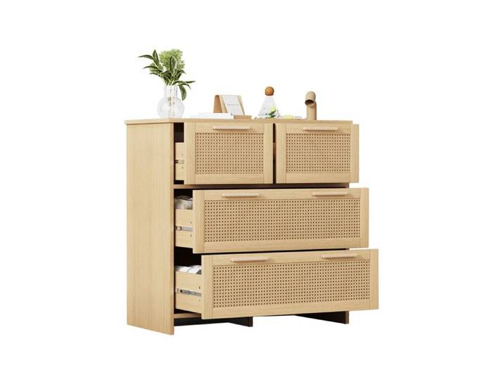 VLIVRA Commode - rotin avec 4 tiroirs et poignées bois style moderne et naturel mdf+bois massif naturel 80x38x80 cm