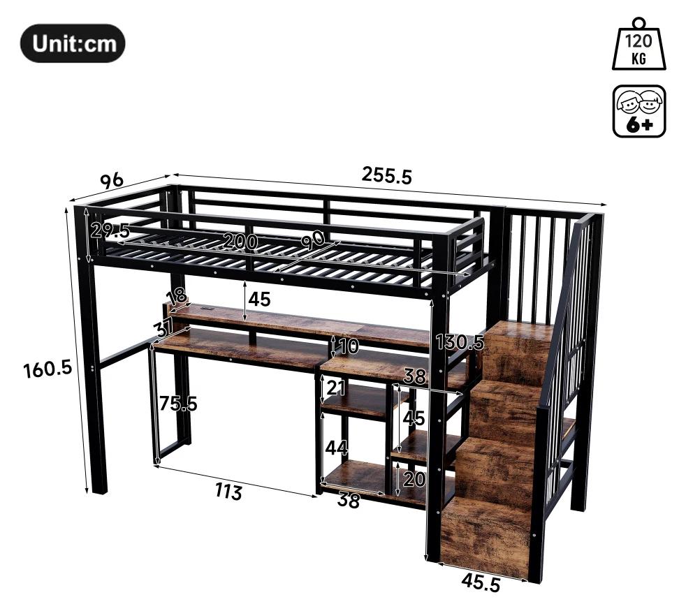 Hochbett - Metall - 90 x 200 cm - Einbauschrank mit Stauraum - Platzsparend - Ohne Matratze - Schwarz