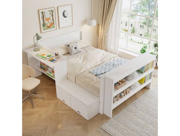 Lit simple en bois blanc avec bureau et rangements 120 x 200 cm comprenant des casiers à charnières et des étagères ouvertes