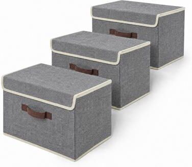 Garvee 3 Pack Fabric Storage Bins with Lids 15x10x10 Foldable Closet Organizer Boxes Handles Non-Woven Beige for Clothes Toys