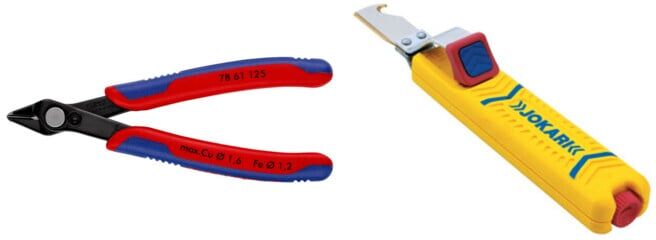 Knipex Set Elektronik-Seitenschneider F6 125mm Super Knips + Jokari Kabelmesser No.28H Secura8-28mm m.Hakenkli.