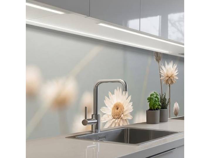KitchenYeah© Rückwand Küche Rückwandschutz Selbstklebend Spritzschutz 60x300 cm - Küchenrückwand Küchenfront Küchen Selbstklebende Küchenrückwände Strohblumen - Weiß - Tageslicht