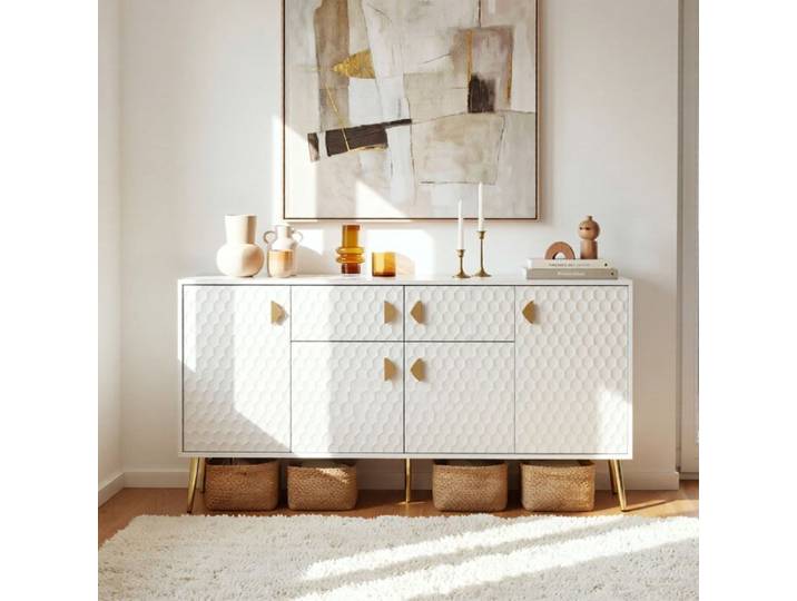 Buffet avec 4 Portes et 2 Tiroirs Meuble de Rangement Salon avec Pieds métalliques 160x40x80 Blanc et Doré