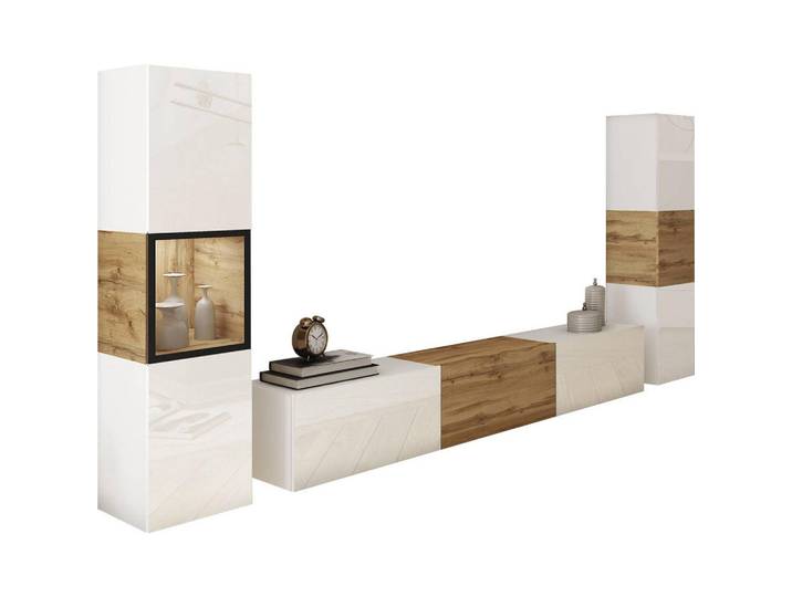 P & B Wohnwand Berlin, Weiß, Eiche Wotan, 3-teilig, 8 Fächer, kaltweiß, 240x130x31 cm, Fsc, stehend, hängend, Beleuchtung, spiegelbildliche Montage möglich, Wohnzimmer, Wohnwände, Anbauwände