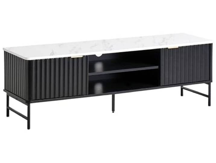 Beliani Moderner TV-Ständer 140 x 40 cm MDF Regal Seitenschrank Marmor Effekt Schwarz Glastonbury