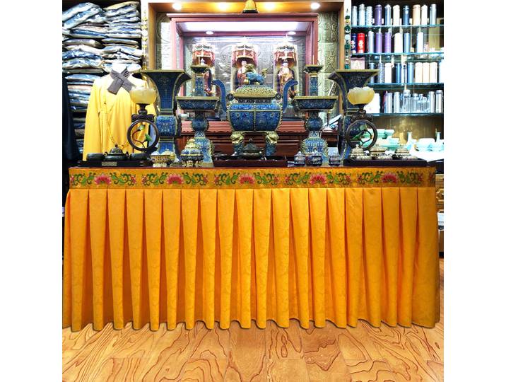 Fourniture bouddhiste en gros, couverture d'autel de bouddhisme sur mesure, rideau en tissu de circonférence de Table doré