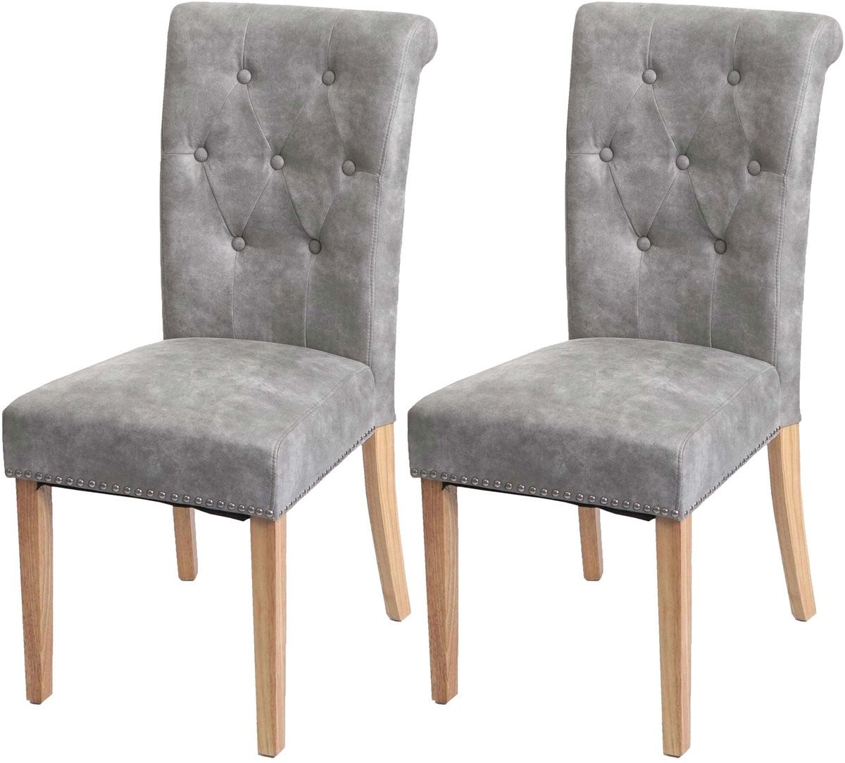 Set van 2 Chesterfield II eetkamerstoelen met klinknagels, lichtgrijs textiel, lichte poten