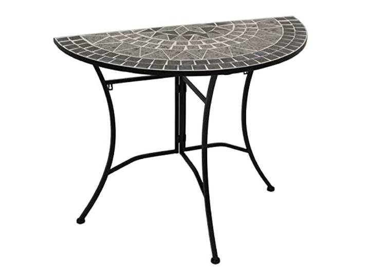 DEGAMO Wandtisch Anstelltisch Siena 45x90cm halbrund, Gestell Metall schwarz, Tischplatte aus Keramik in Mosaik-Optik, grau/Weiss