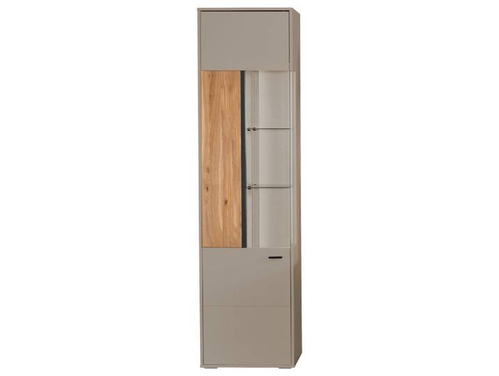 Hom`in Vitrine, Grau, Esche, Kunststoff, 7 Fächer, warmweiß, 53.5x204x37.4 cm, Frontbeleuchtung, Wohnzimmer, Wohnwände, Vitrinenschränke