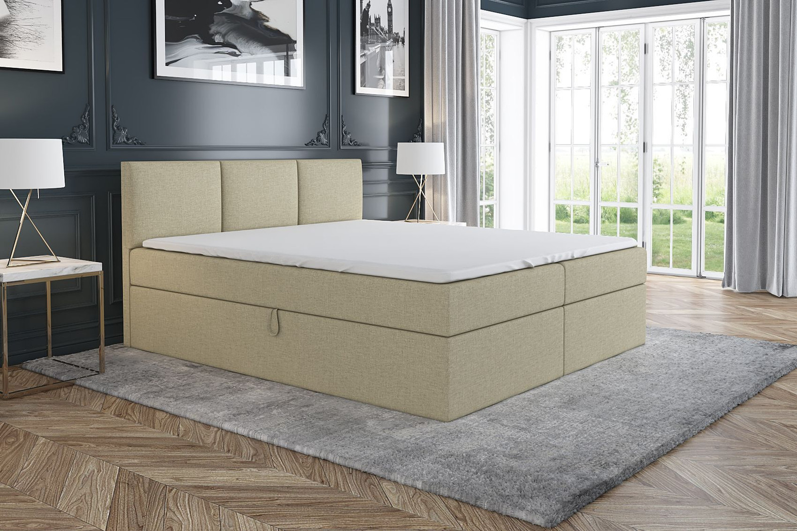 MBTmeble Boxspringbed RICO beige, 160x200 cm, inclusief 2 nachtkastjes, Bonell-matras en topper