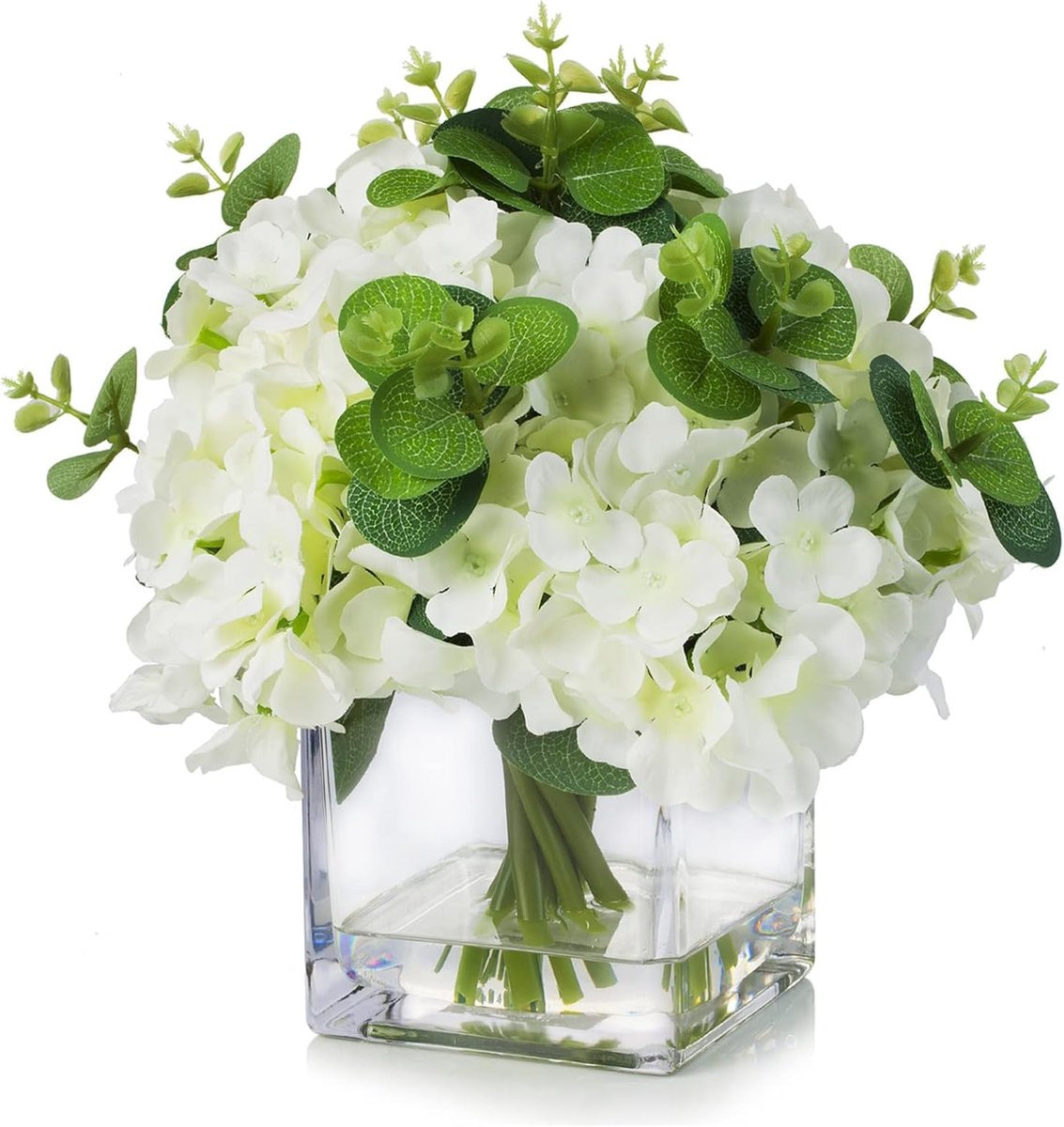 SnelShoppen Kunstmatige Hydrangea Bloemen met Vaas - Crème Wit met Eucalyptus Bladeren voor Tafeldecoratie en Bruiloften