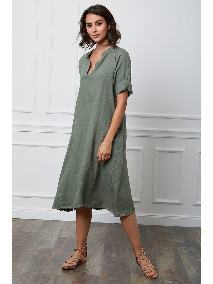 Fleur de Lin Leinen-Kleid "Granel" in Khaki - XL