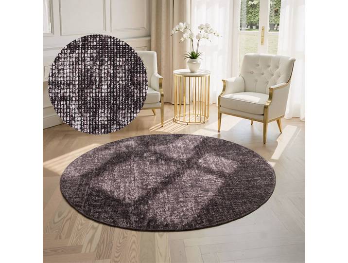 Teppich ELLE DECORATION Prisma , braun, H:5mm Ø:200cm, Baumwolle, Polyester, Teppiche, Teppich, Glanz-Effekt, Karo Design, Kachel-Optik, Wohnzimmer, Schlafzimmer,Flur