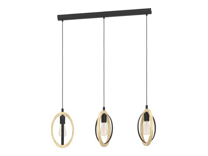 Eglo Suspension Basildon\, 3 flammes\, vintage\, industrielle\, rétro\, acier et bois noir et naturel\, lampe salle à manger\, salon\, avec douille E27\, L 78 cm