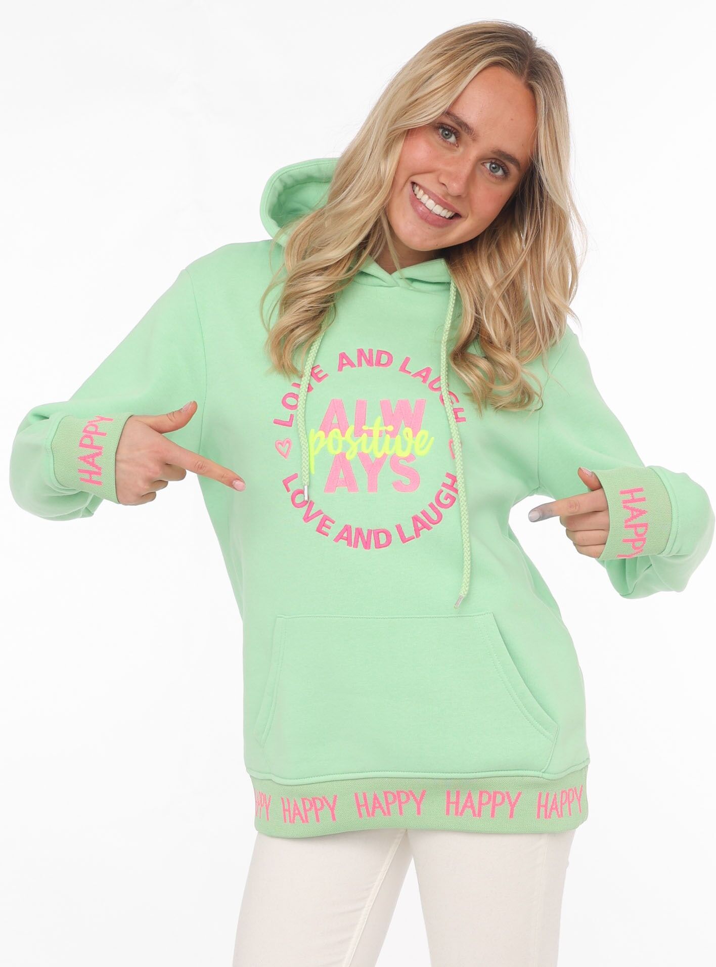 Hoodie ZWILLINGSHERZ "Always Positive", Damen, Gr. L/XL (L/XL), grün (hellgrün), Sweatware, Obermaterial: 50% Baumwolle, 50% Polyester, unifarben, normal normal, ohne Ausschnitt, angesetztes Bündchen, Sweatshirts Hoodie, Kapuze, Stickerei, Fronttasche, Bü