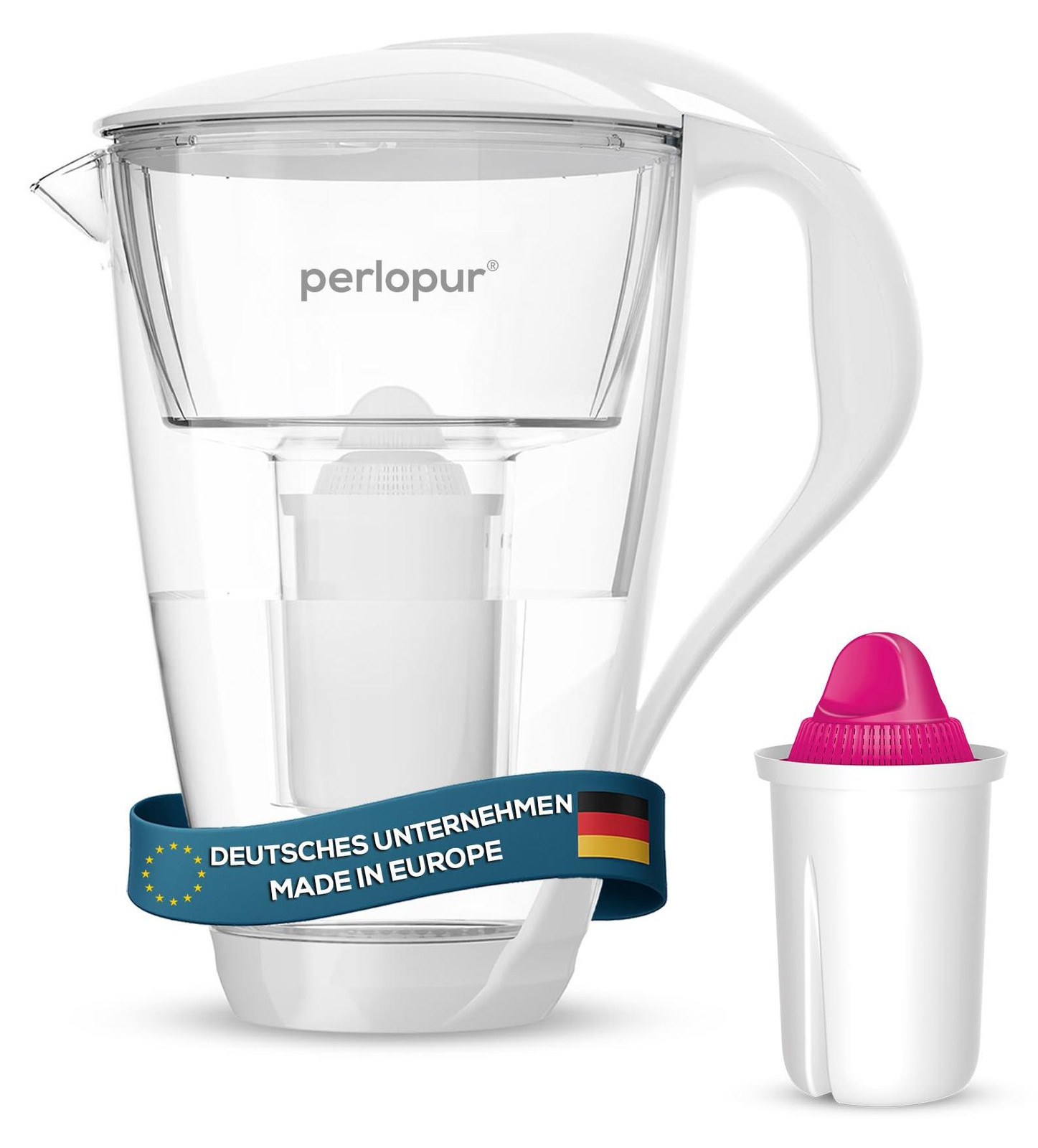 Dripio Glazen waterfilter wit, 2 liter, met 1 magnesiumfilterpatroon, geschikt voor Brita Classic