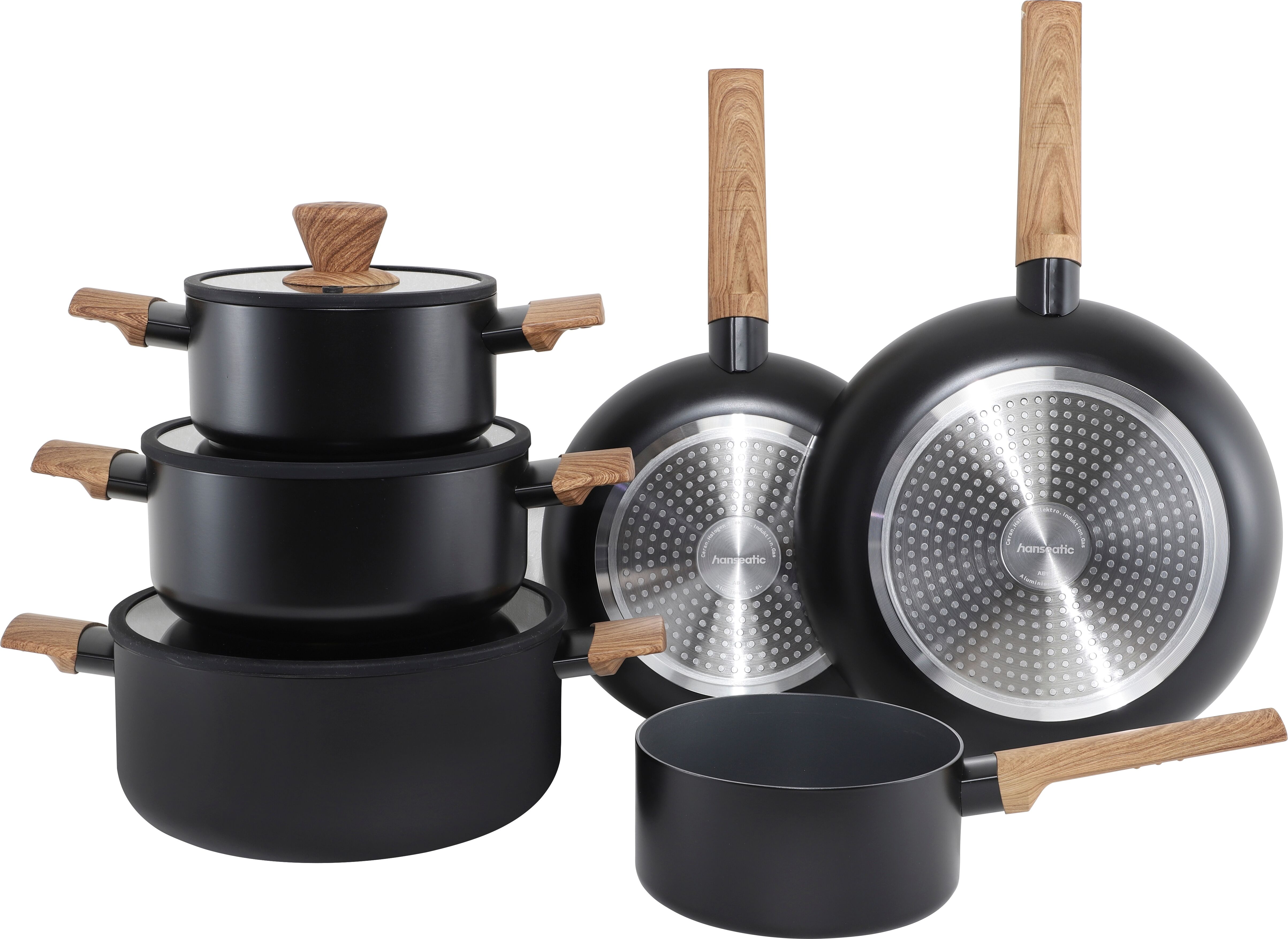 Topf-Set HANSEATIC "ALU SCANDI, mit Antihaftbeschichtung", schwarz (schwarz, natur), Töpfe, Topf-Set, für alle Herdarten geeignet schwarz, natur Einheitsgröße