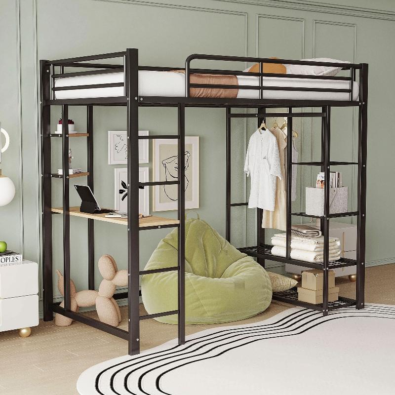 Hochbett 90x200cm mit Leiter, Schreibtisch, Regal und Kleiderstange, Metall-Hochbett in Schwarz aus Metall und MDF für Kinderzimmer