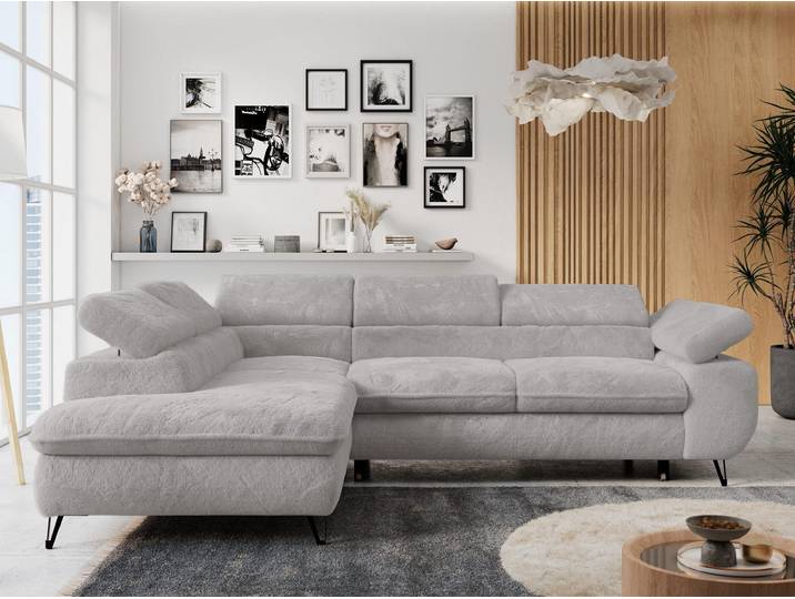 Ecksofa Sofa Aschgrau, Wohnlandschaft L-Form mit Schlaffunktion und Bettkasten, Schlafsofa mit Bettkasten, Sofa mit Einstellbare Kopfstützen, Peter L - Aschgrau Plüsch - Links Aschgrau