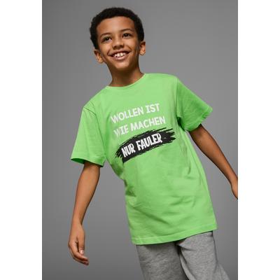 T-Shirt KIDSWORLD "Mit Spruch: WOLLEN IST WIE MACHEN....", Jungen, Gr. 164/170, grün, Jersey, Obermaterial: 100% Baumwolle, bedruckt, Basic, Basic, Rundhals, Shirts T-Shirt, Kurzarm, Basic-Passform, bedruckt, Rundhalsausschnitt