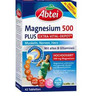 Abtei Magnesium Plus Depot, 42 Tabletten, Magnesiumkomplex + alle B-Vitamine, hochdosiert, 500 mg