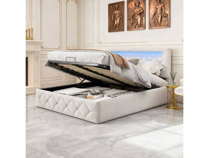 Lit 160x200 cm DRELYGWEA LED sommier à lattes tissu velours litcoffre 160x200 coffre lit adulte 160x200 blanc cassé