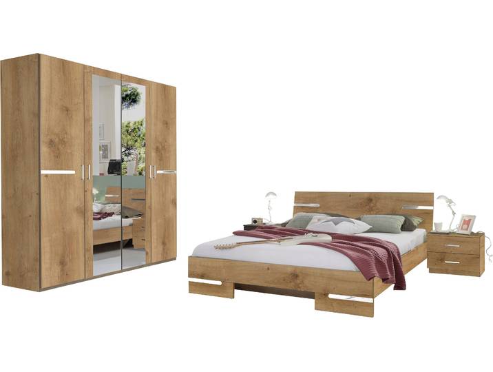 Komplettschlafzimmer WIMEX Anna , braun (plankeneiche nachbildung, absetzung chrom), B/H: 180cm x 200cm, Holzwerkstoff, Schlafzimmermöbel-Sets, Komplettschlafzimmer, Spar Set