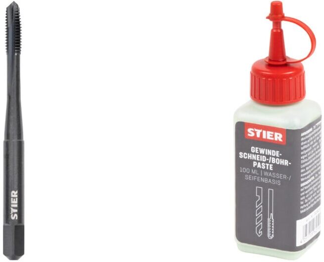 Set Stier STIER Maschinengewindebohrer M5 Vaporisiert DIN 371 Form B HSSE + STIER Gewindeschneidpaste Bohrpaste 100 ml Wasser-/ Seifenbasis