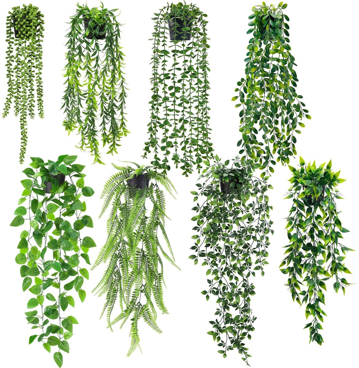Omgoods Set van 8 groene kunstplanten met potten voor decoratie