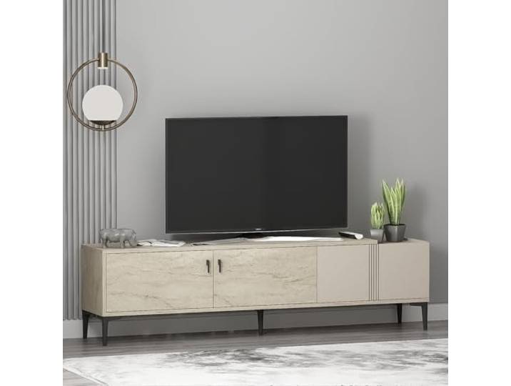Homidea Modena TV Lowboard 180 cm mit Türen und Stauraum, Fernsehtisch TV Schrank und TV Möbel im skandinavischen Design für Wohnzimmer (Travertin-Beige)