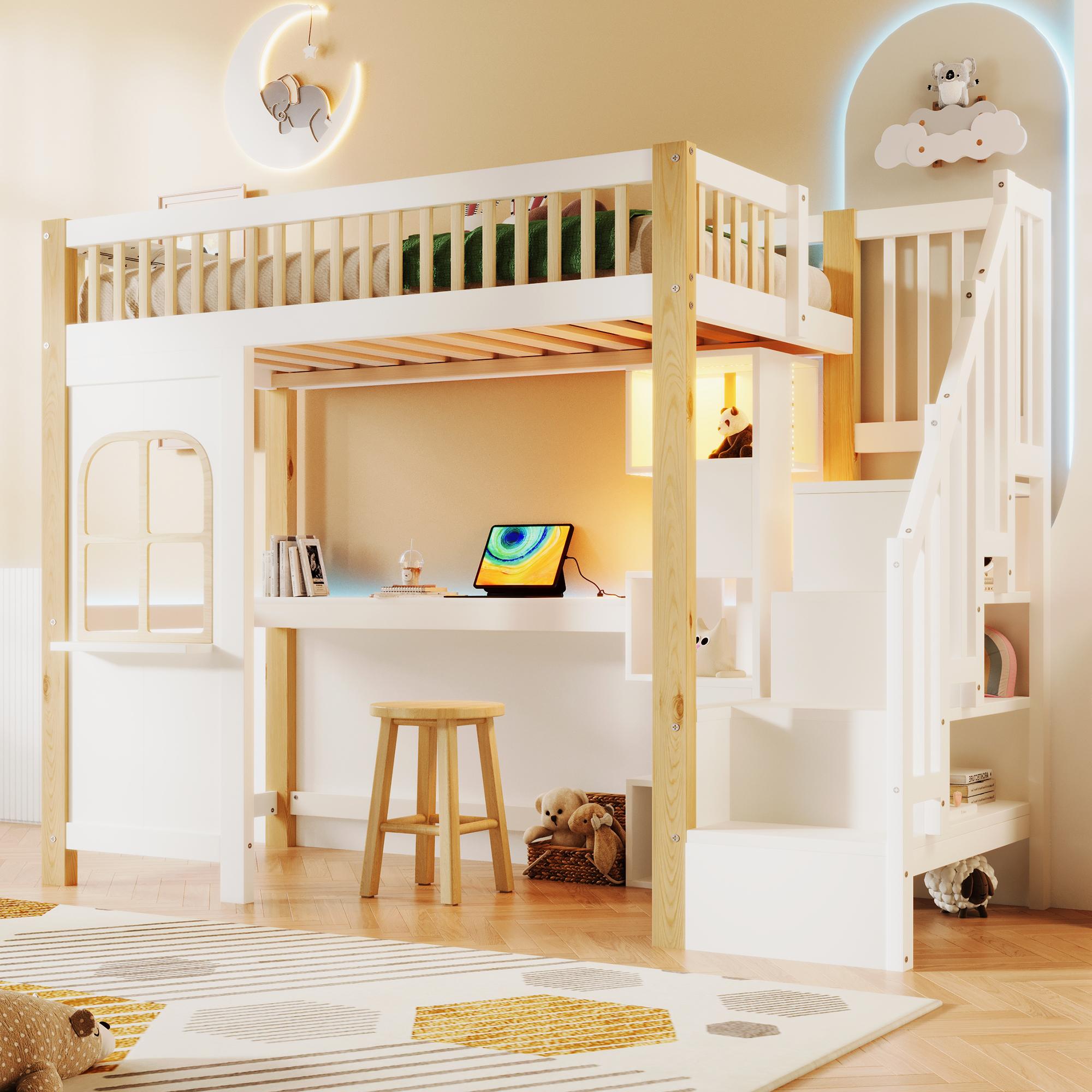 Flieks Etagenbett 90x200cm mit Schreibtisch und Ladefunktion, Kinderbett Hausbett mit Regal, Hochbett Einzelbett mit Led, Stockbett Naturbelassen