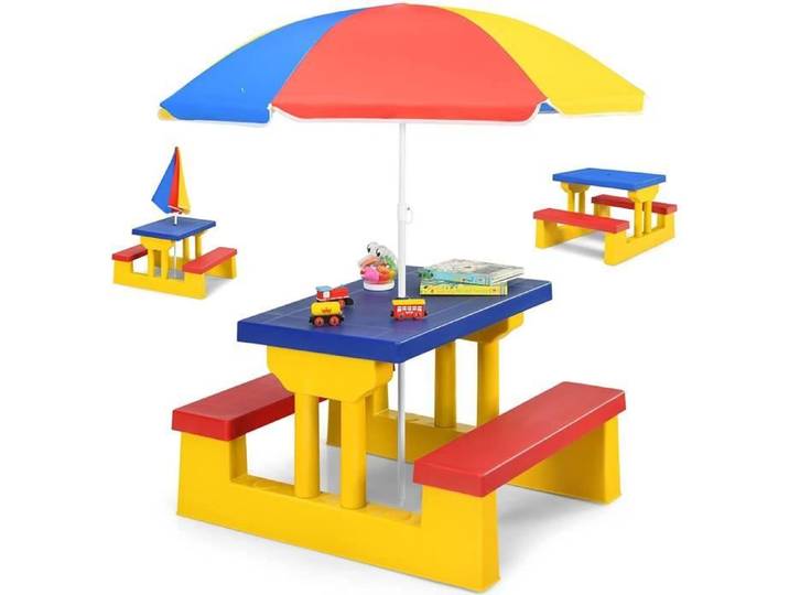 RELAX4LIFE Ensemble Salon de Jardin pour Enfant - 1 Table et 2 Bancs Plus 1 Parasol Multicolore pour