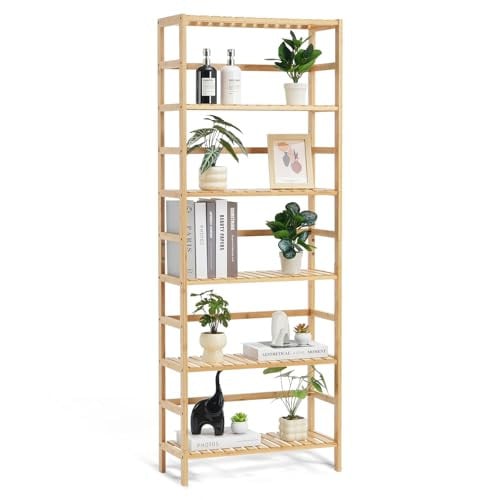 VEVOR Multifunctionele Bamboe Boekenkast met 6 Niveaus, Vrijstaande Ladderplank voor Planten en Opbergruimte, Beige/Bruin