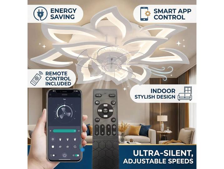 Plafonnier Ventilateur Fleur Intelligent, Lampe Plafond LED Variable, Ventilateur Lumineux Programmable Télécommande et Application, Luminaire Suspendu à Pales Invisibles Silencieux, Décoration